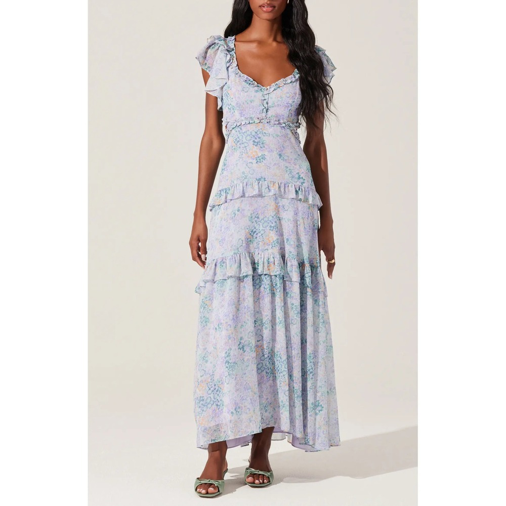 ASTR The Label Mable Floral Tiered Cutout Chiffon Maxi Dress Lavender Small - Picture 3 of 9